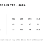 GFB Long Sleeve shirt size chart